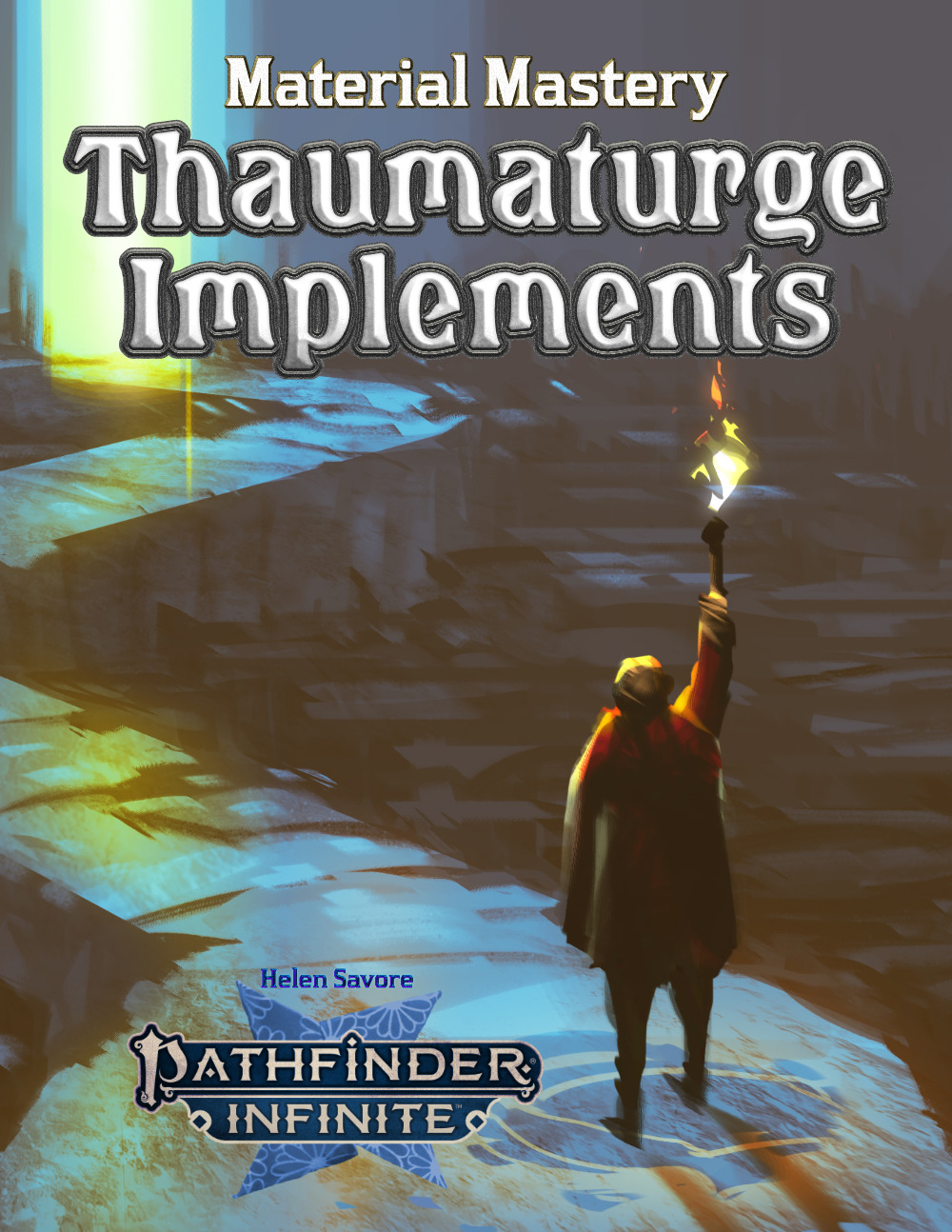 Material Mastery Thaumaturge Implements. Cover has a person with a torch on a winding path towards a glowing light.