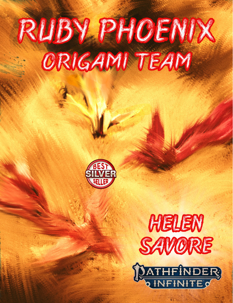 Ruby Phoenix OriGoMe Team. Three phoenix origami on a fuzzy bed of yellow.